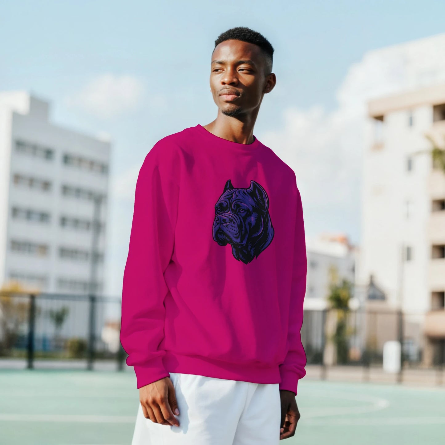 Sweat-shirt adulte unisexe classique ras du cou fuchsia tête Cane Corso