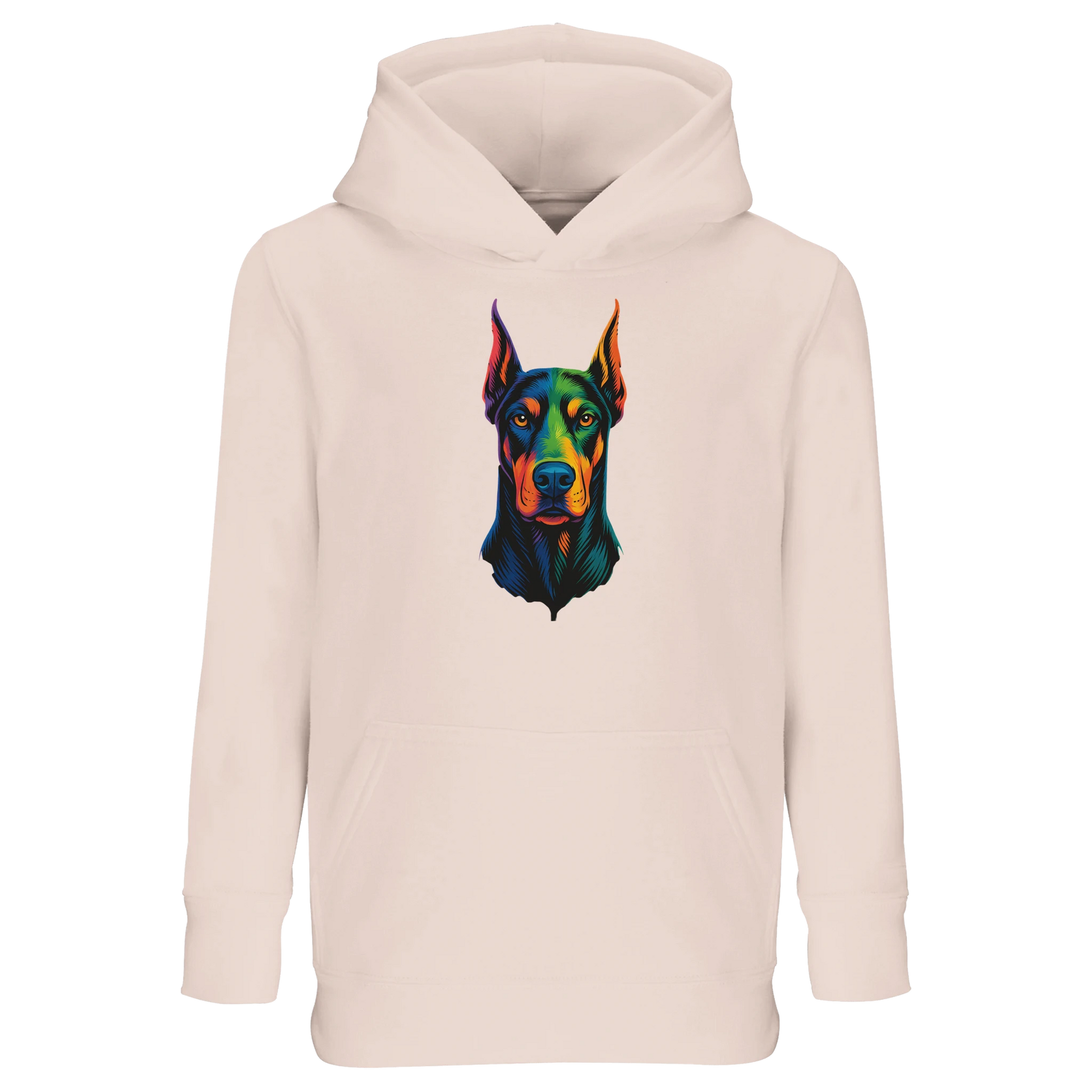 Sweat-shirt à capuche enfant rose tête Dobermann arc en ciel