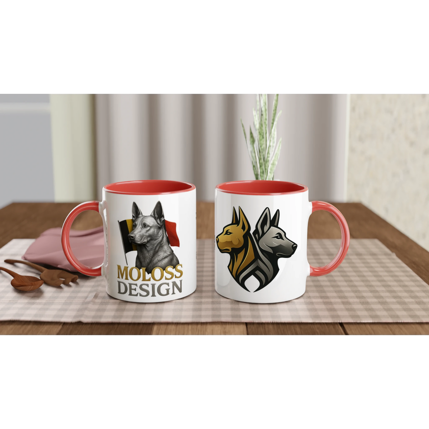 Mug en céramique blanche 325 ml (11 oz) avec intérieur coloré rouge Malinois argenté drapeau belge