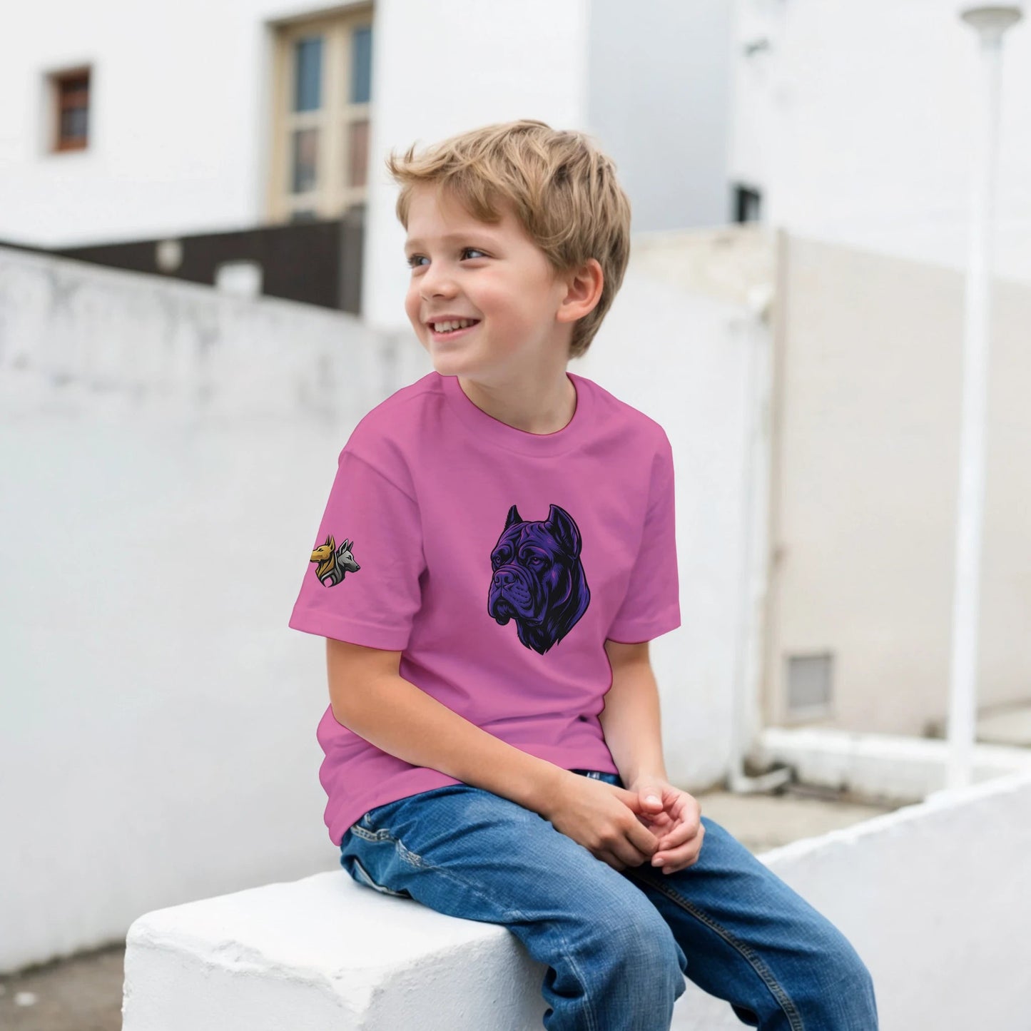 T-shirt enfant classique ras du cou tête Cane Corso 1 avec logo sur manche droite MolossDesign