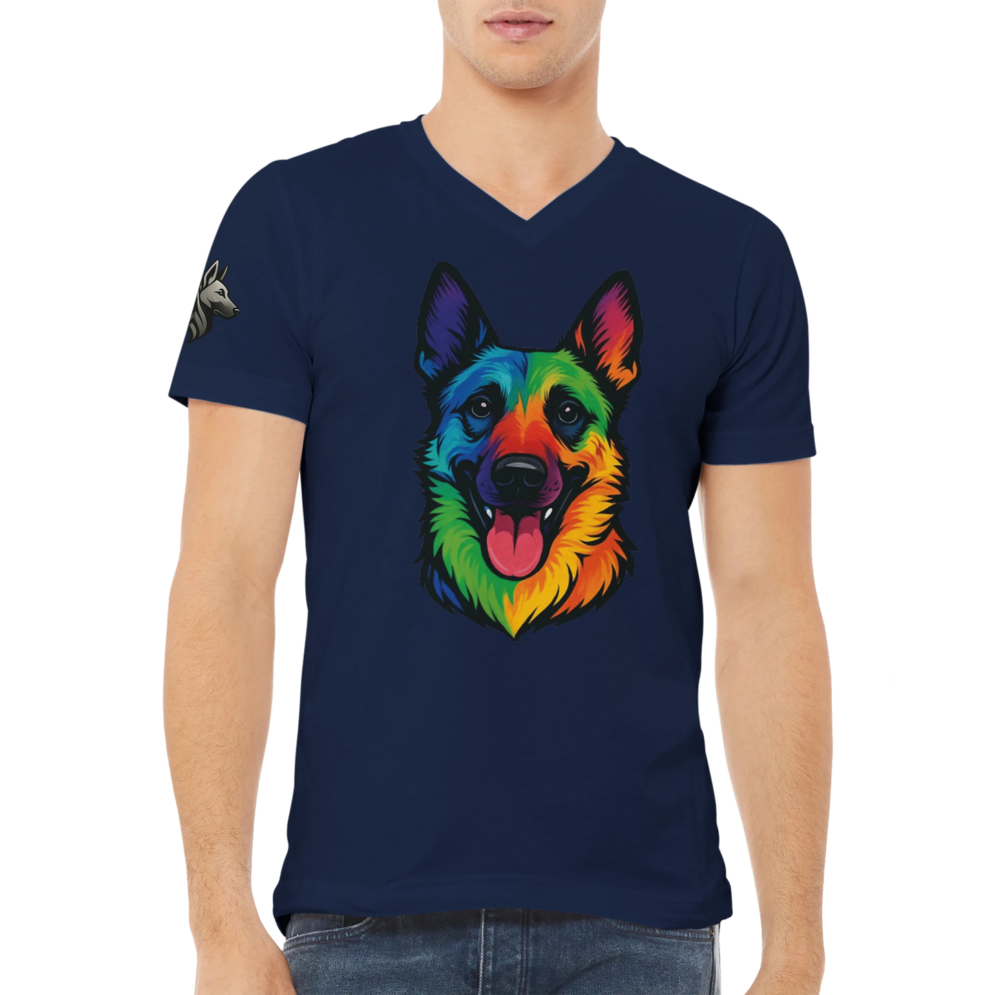 T-shirt adulte unisexe premium col en V bleu tête Malinois arc en ciel