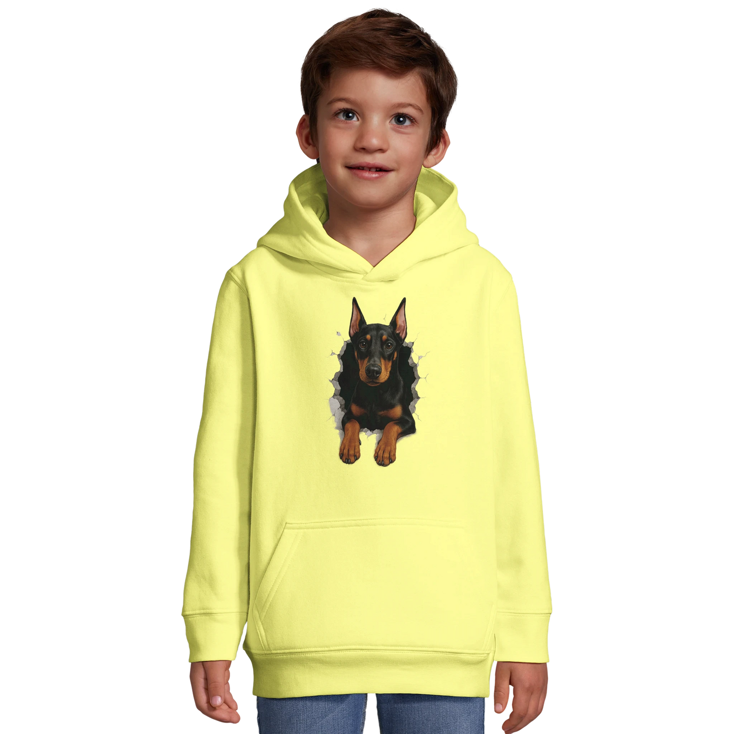 Sweat-shirt à capuche enfant jaune-Dobermann trou mur