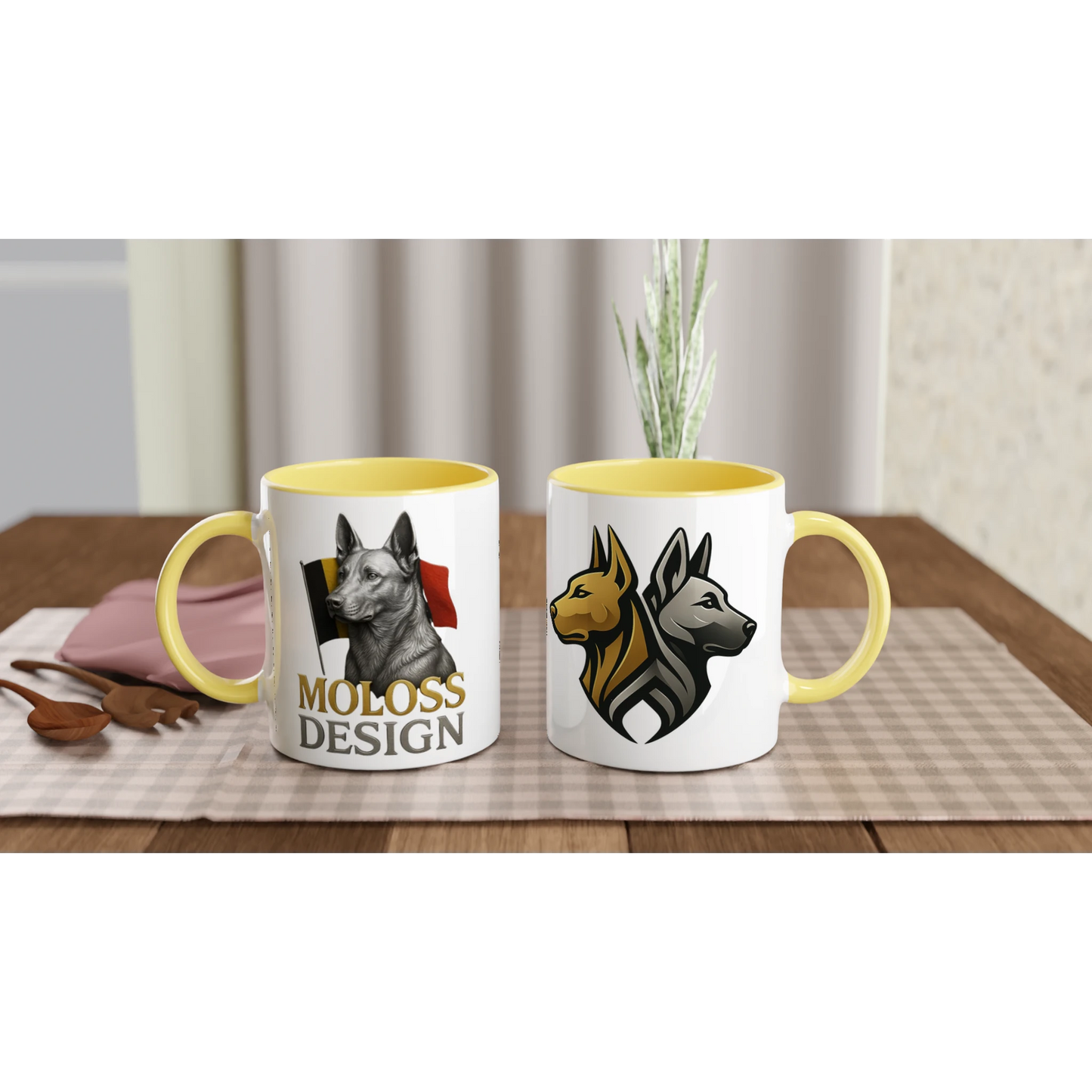 Mug en céramique blanche 325 ml (11 oz) avec intérieur coloré jaune Malinois argenté drapeau belge