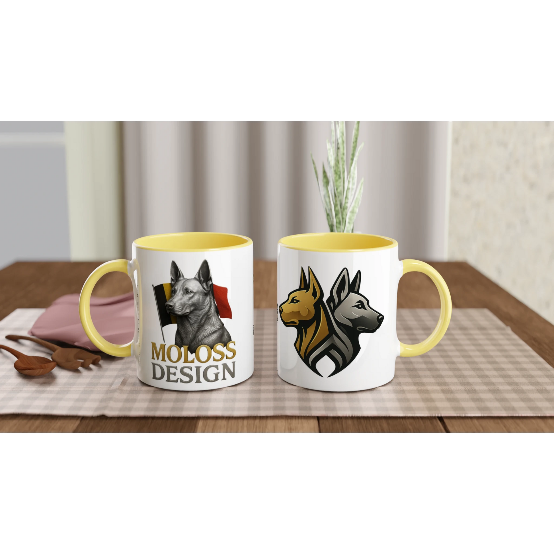 Mug en céramique blanche 325 ml (11 oz) avec intérieur coloré jaune Malinois argenté drapeau belge