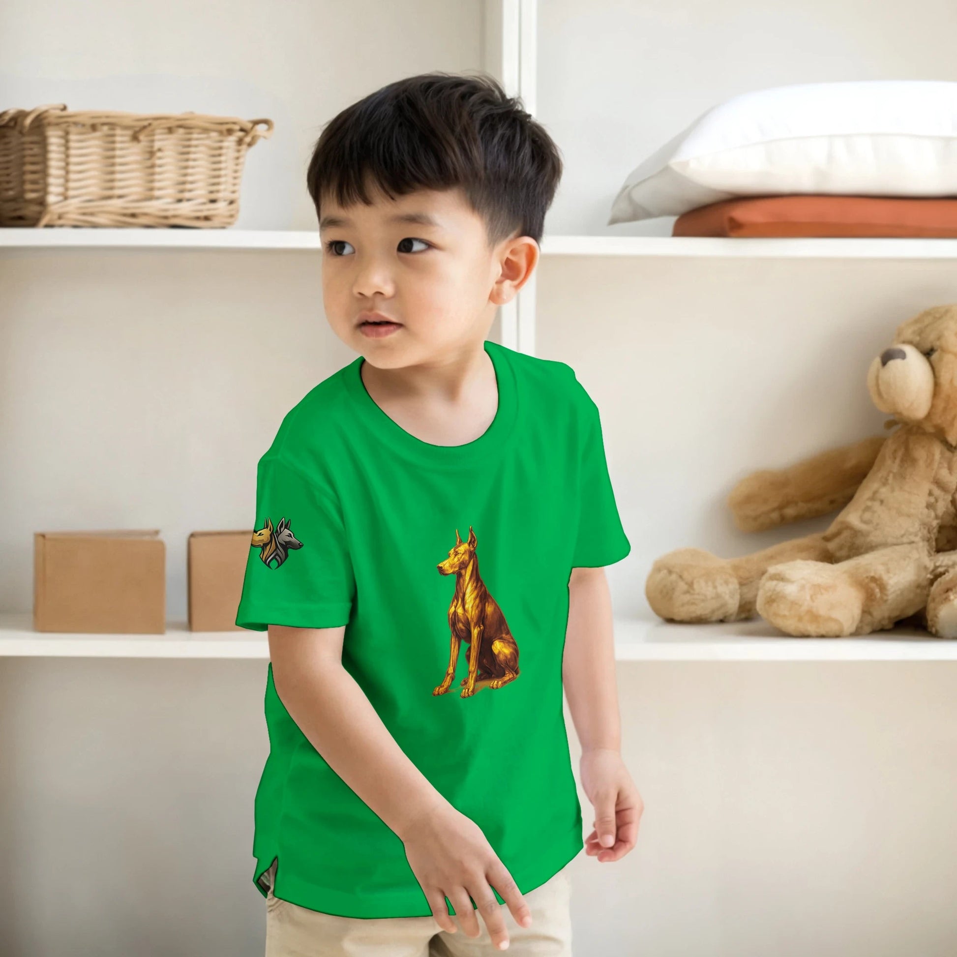 Marque MolossDesign | T-shirt enfant classique ras du cou Dobermann doré assis1 avec logo sur manche droite MolossDesign