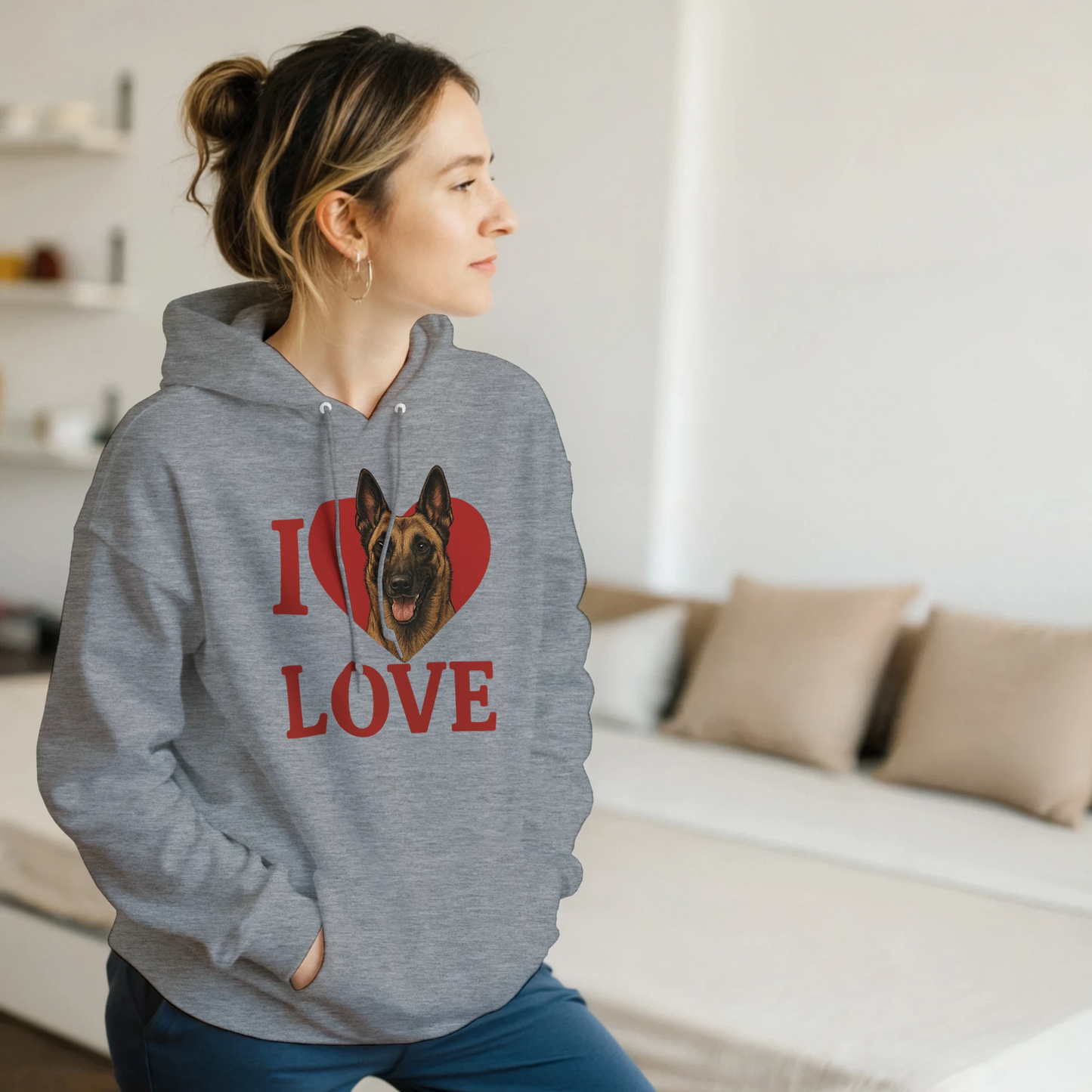 Sweat à capuche adulte unisexe classique gris I love Malinois