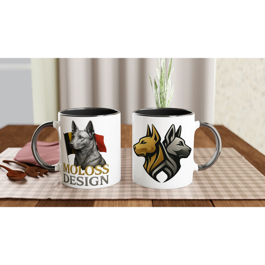Mug en céramique blanche 325 ml (11 oz) avec intérieur coloré noir Malinois argenté drapeau belge