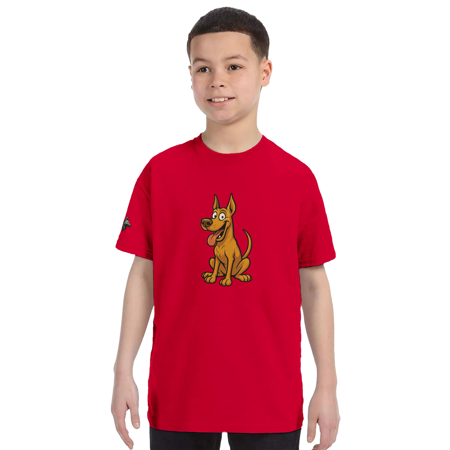 T-shirt enfant classique ras du cou Dobermann humour2 avec logo sur manche droite MolossDesign