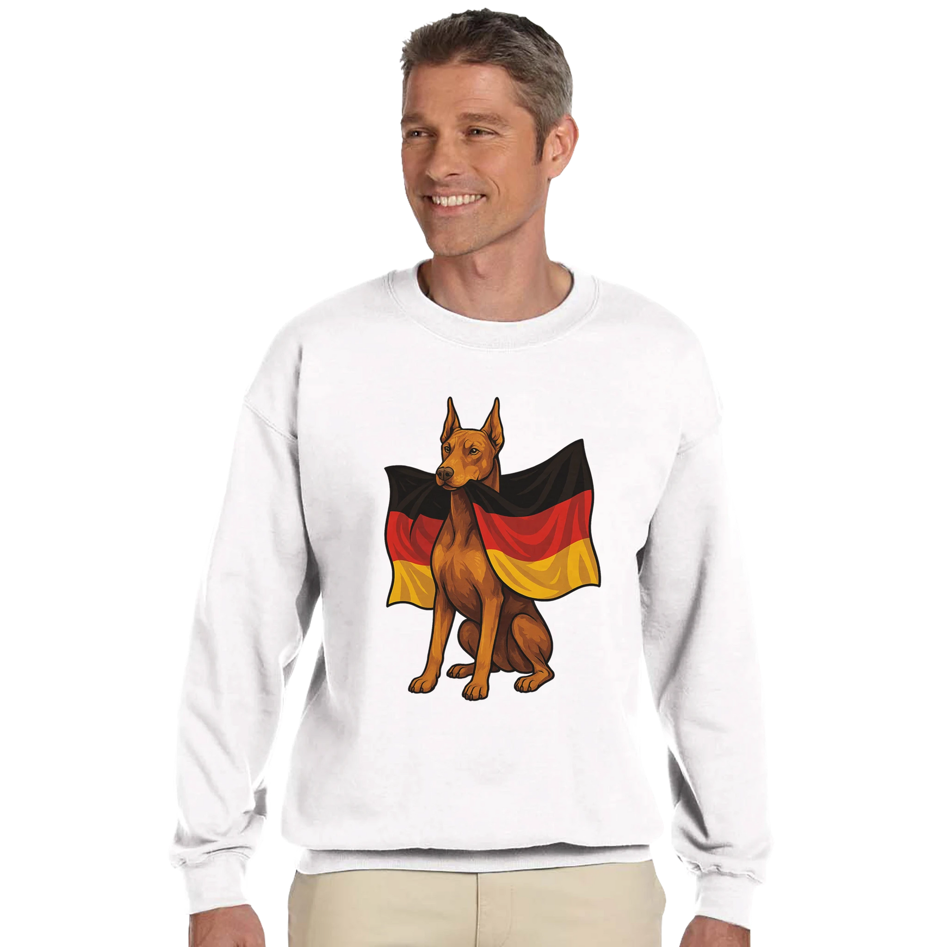 Sweat-shirt adulte unisexe classique ras du cou blanc Dobermann+drapeau