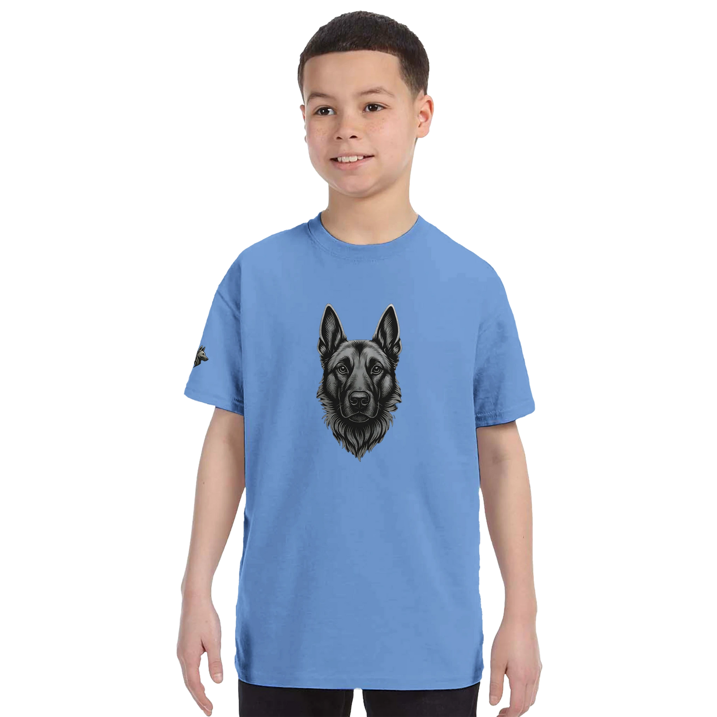 T-shirt enfant classique ras du cou tête Malinois argentée avec logo sur la manche droite MolossDesign