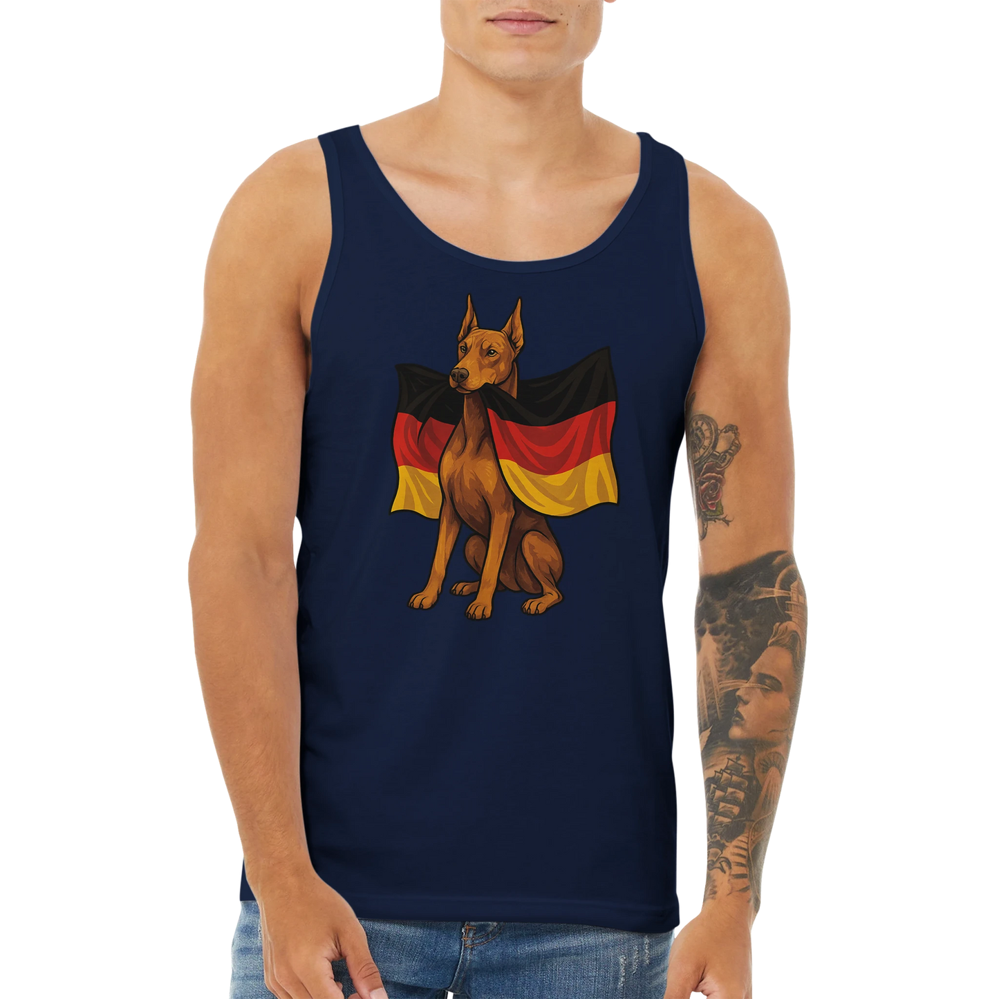 Débardeur adulte unisexe premium bleu Dobermann drapeau