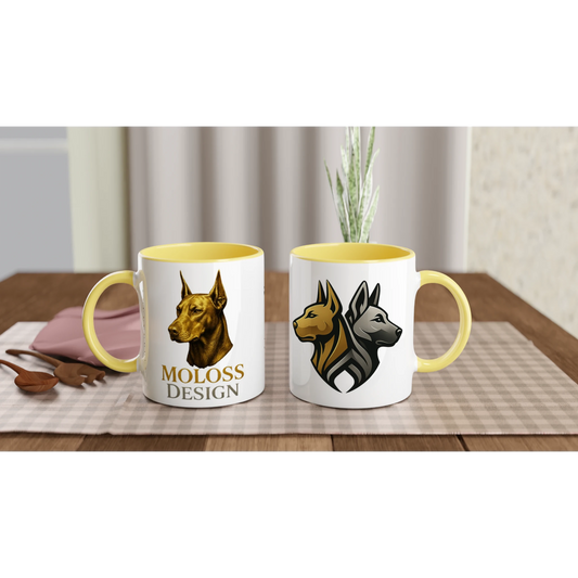 Marque MolossDesign | Mug en céramique blanche 325 ml (11 oz) avec intérieur coloré tête Dobermann doré MolossDesign et logo MolossDesign