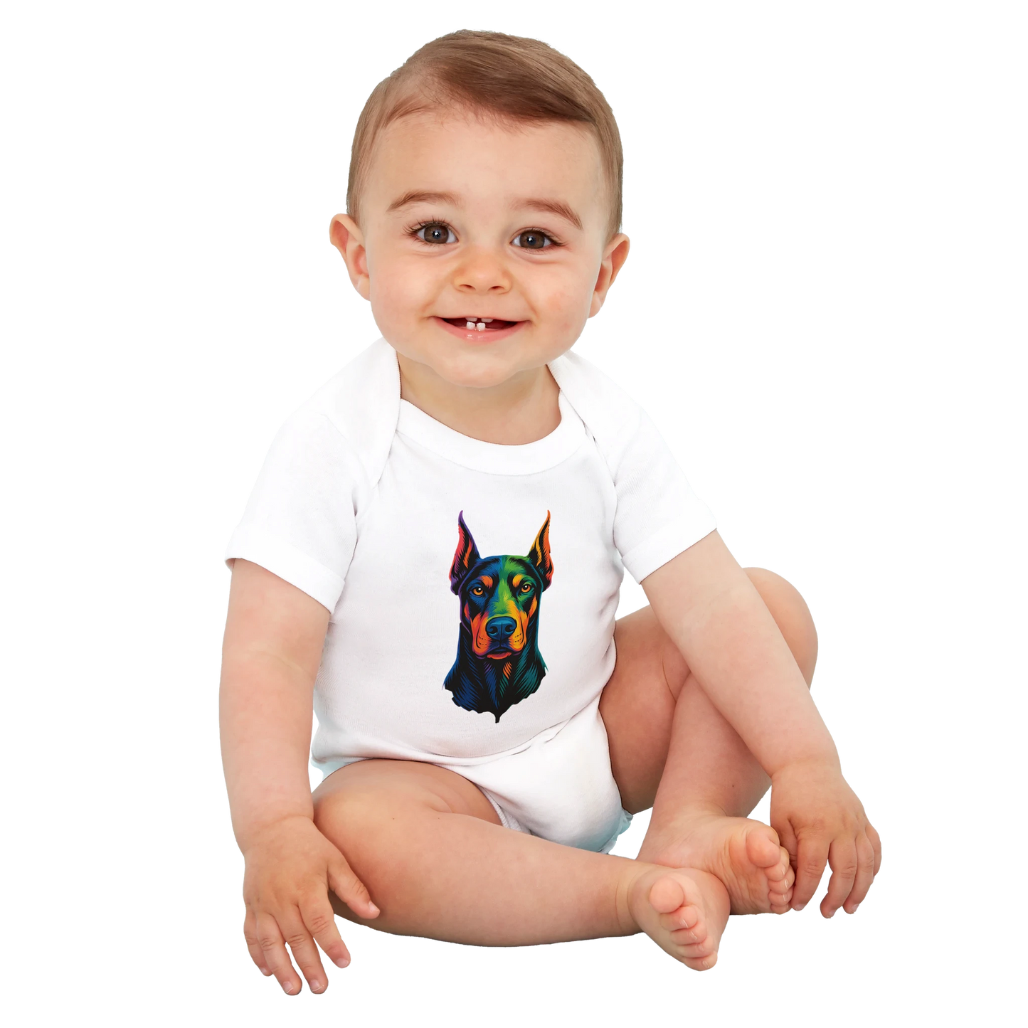 Body bébé blanc coton bio manches courtes Dobermann arc en ciel