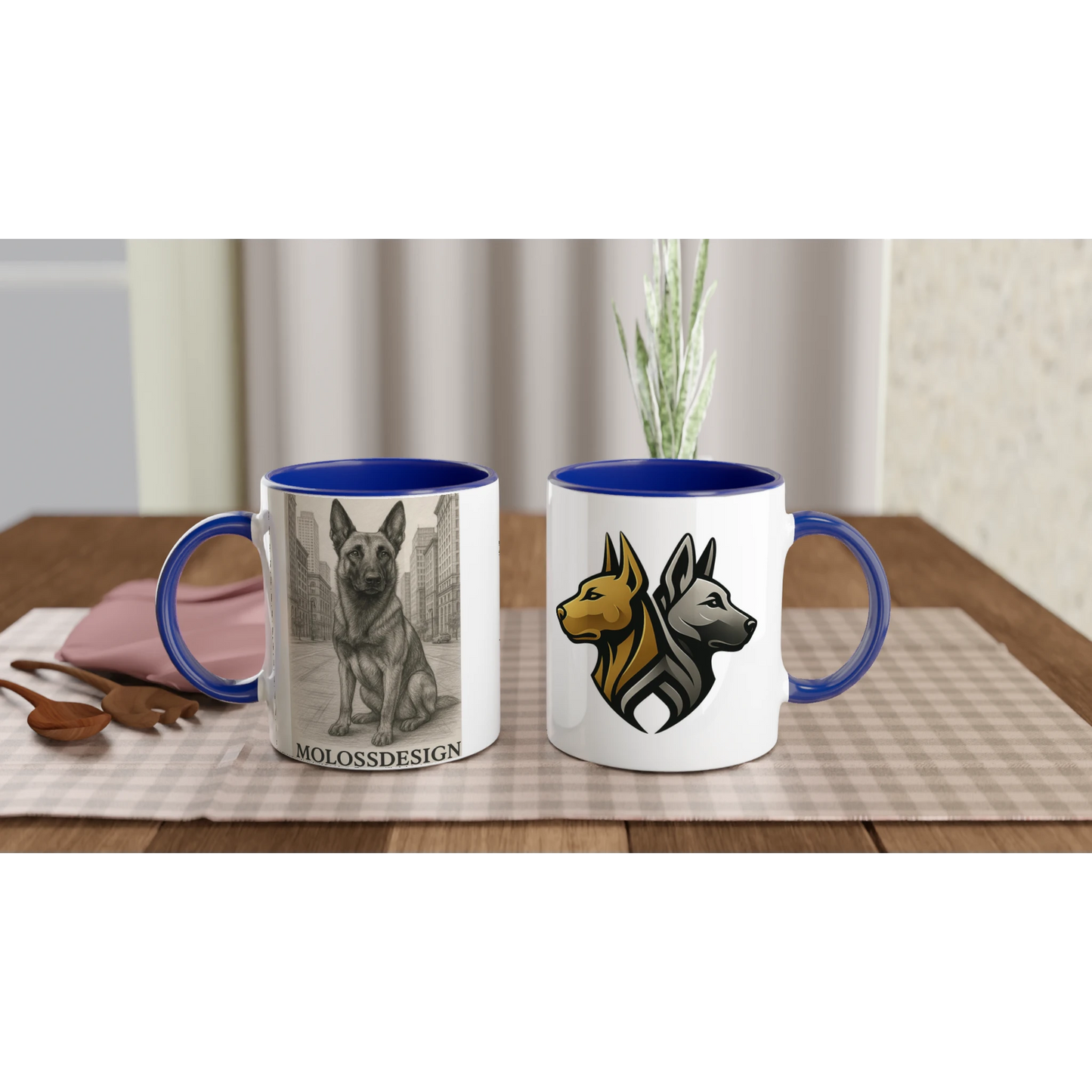 Mug céramique blanche 325 ml (11 oz) intérieur coloré bleu-affiche Malinois au crayon