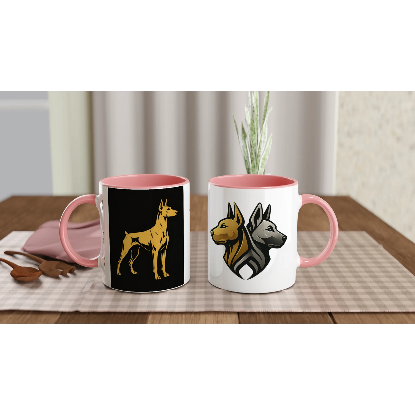 Mug céramique blanche 325 ml (11 oz) intérieur coloré rose-Dobermann doré fond noir