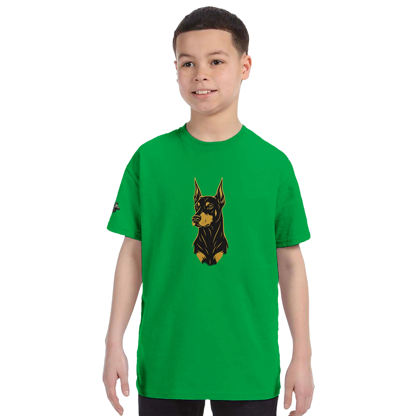 T-shirt enfant classique ras du cou tête Dobermann dorée et noire1 avec logo sur manche droite MolossDesign