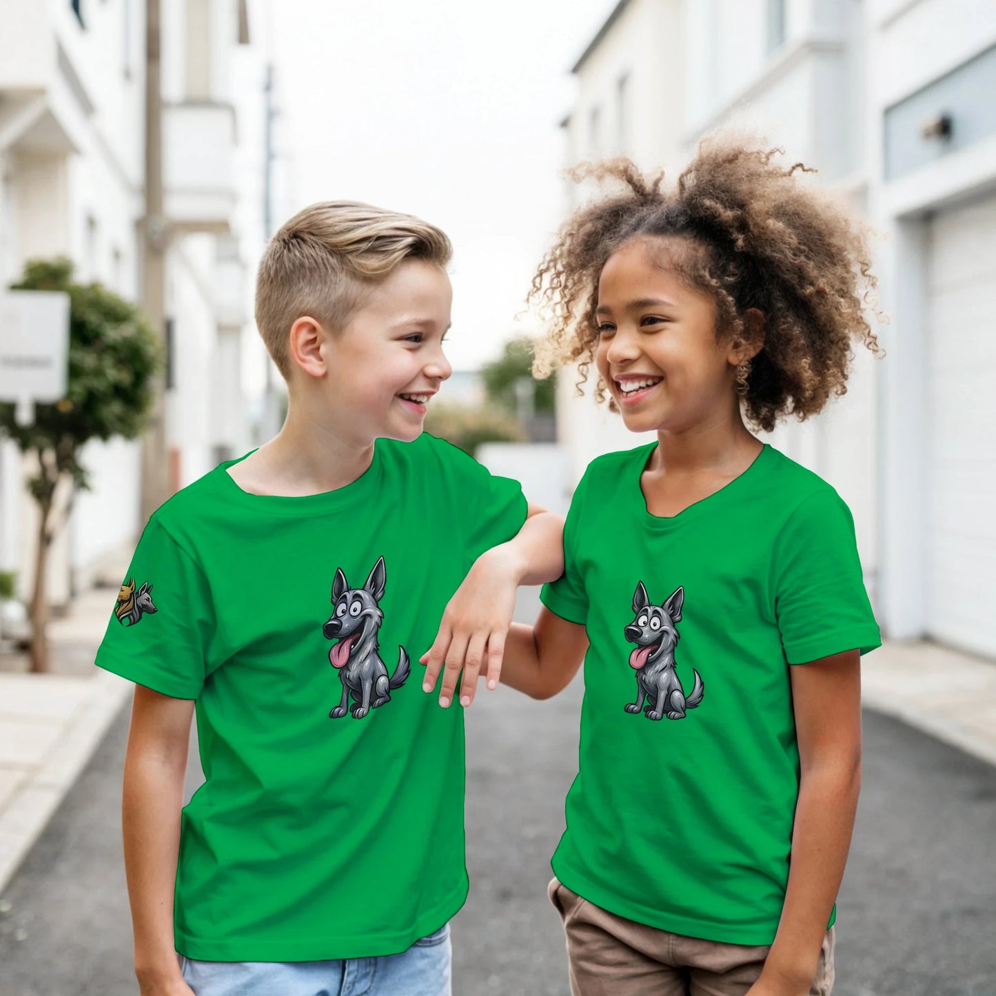 Marque MolossDesign | T-shirt enfant classique ras du cou Malinois humour1 avec logo sur manche droite MolossDesign