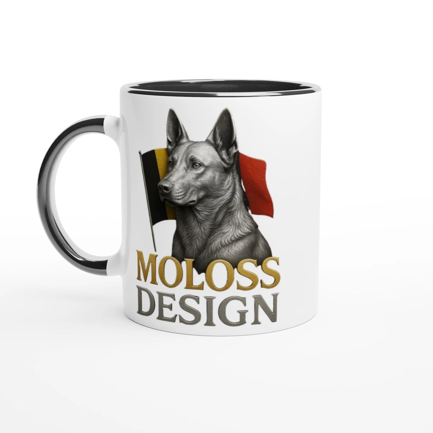 Mug en céramique blanche 325 ml (11 oz) avec intérieur coloré Malinois argenté drapeau belge