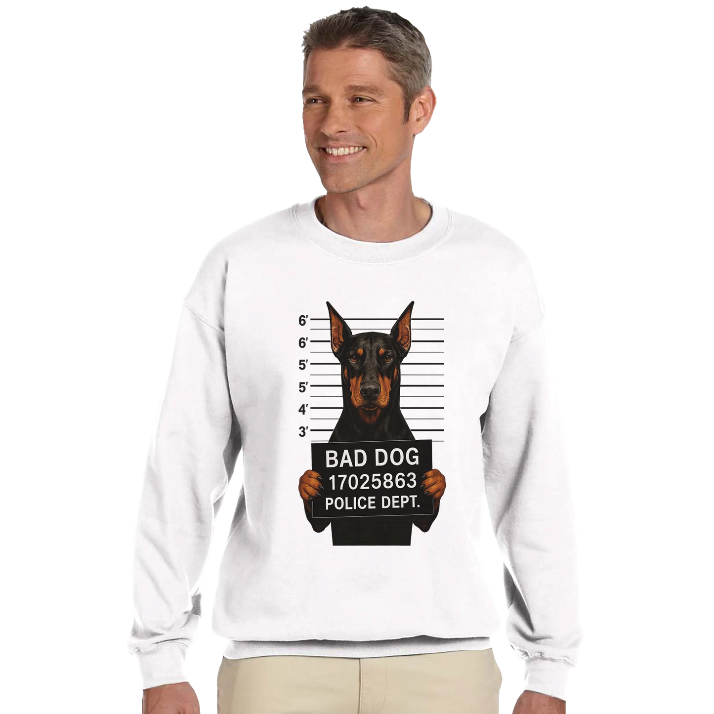 Sweat-shirt adulte unisexe classique ras du cou blanc Bad Dog Dobermann