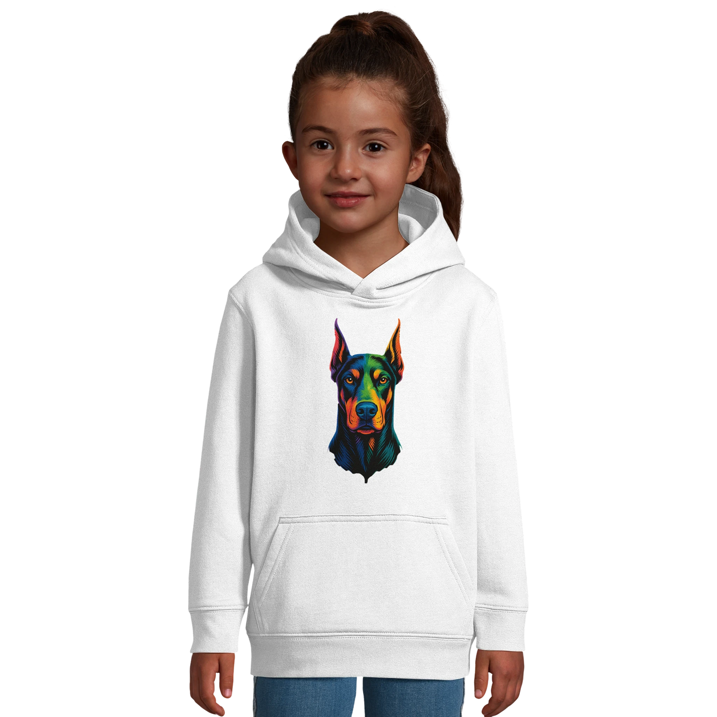Sweat-shirt à capuche enfant blanc tête Dobermann arc en ciel