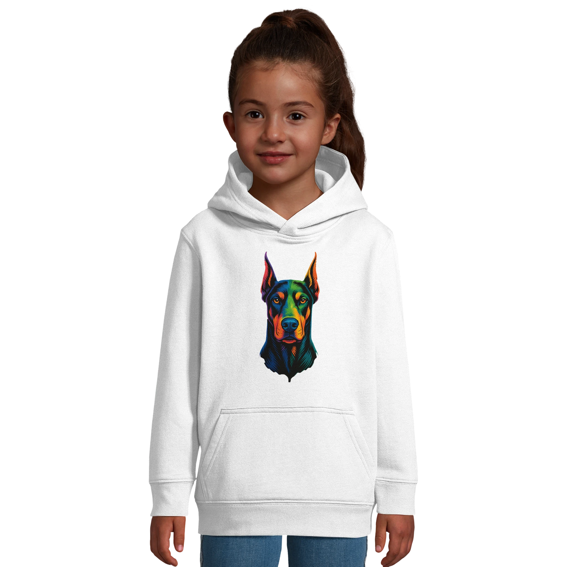 Sweat-shirt à capuche enfant blanc tête Dobermann arc en ciel
