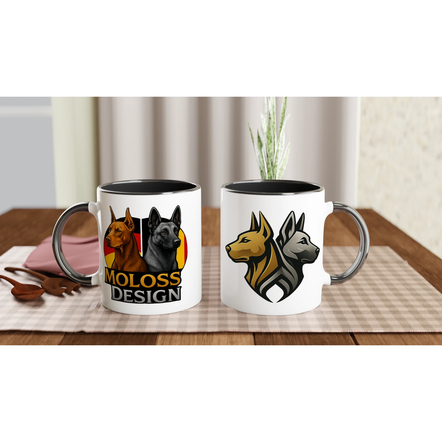 Mug céramique blanche 325 ml (11 oz) intérieur coloré noir-Dobermann et Malinois avec drapeaux