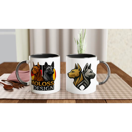 Mug céramique blanche 325 ml (11 oz) intérieur coloré noir-Dobermann et Malinois avec drapeaux