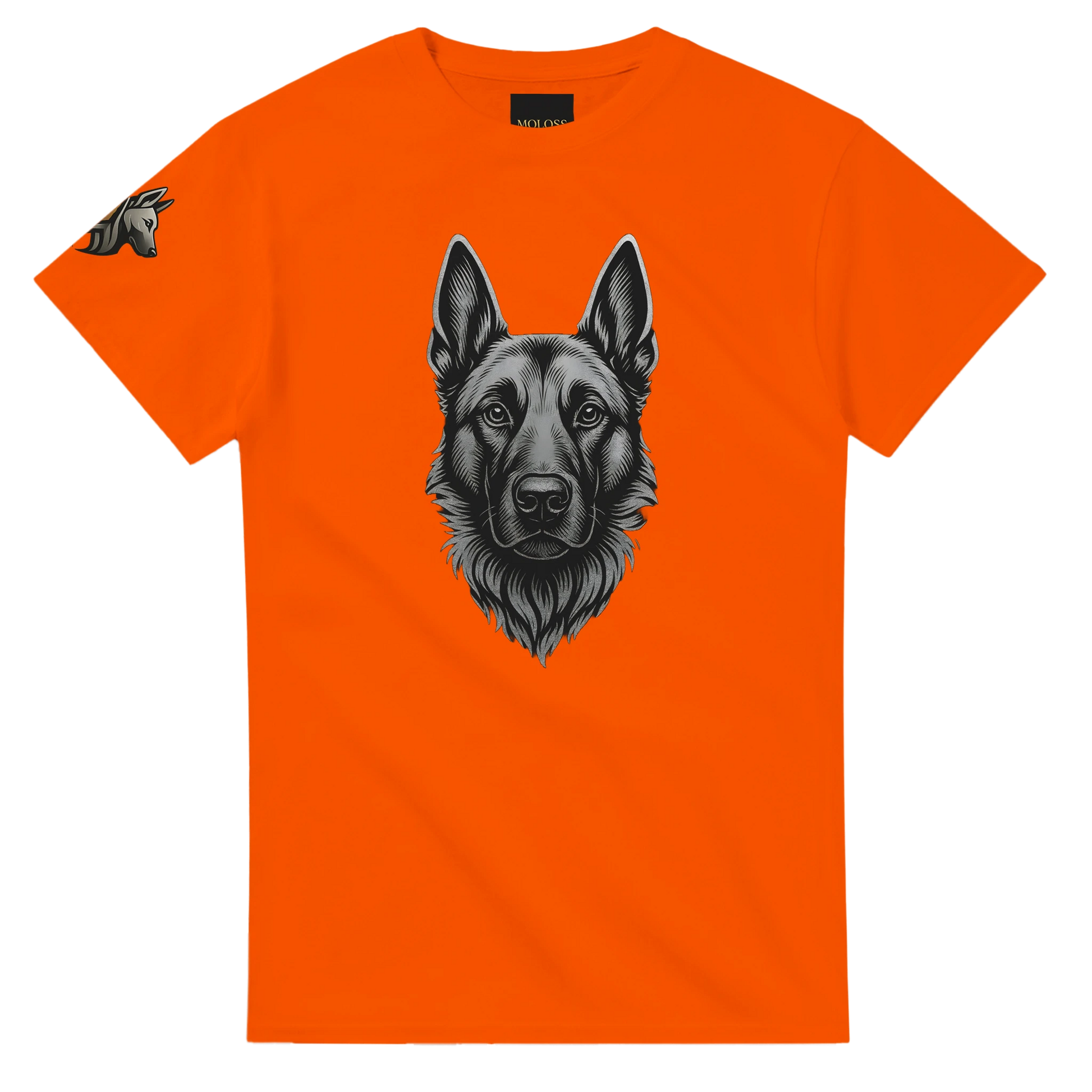 T-shirt adulte unisexe épais ras du cou orange tête Malinois argentée