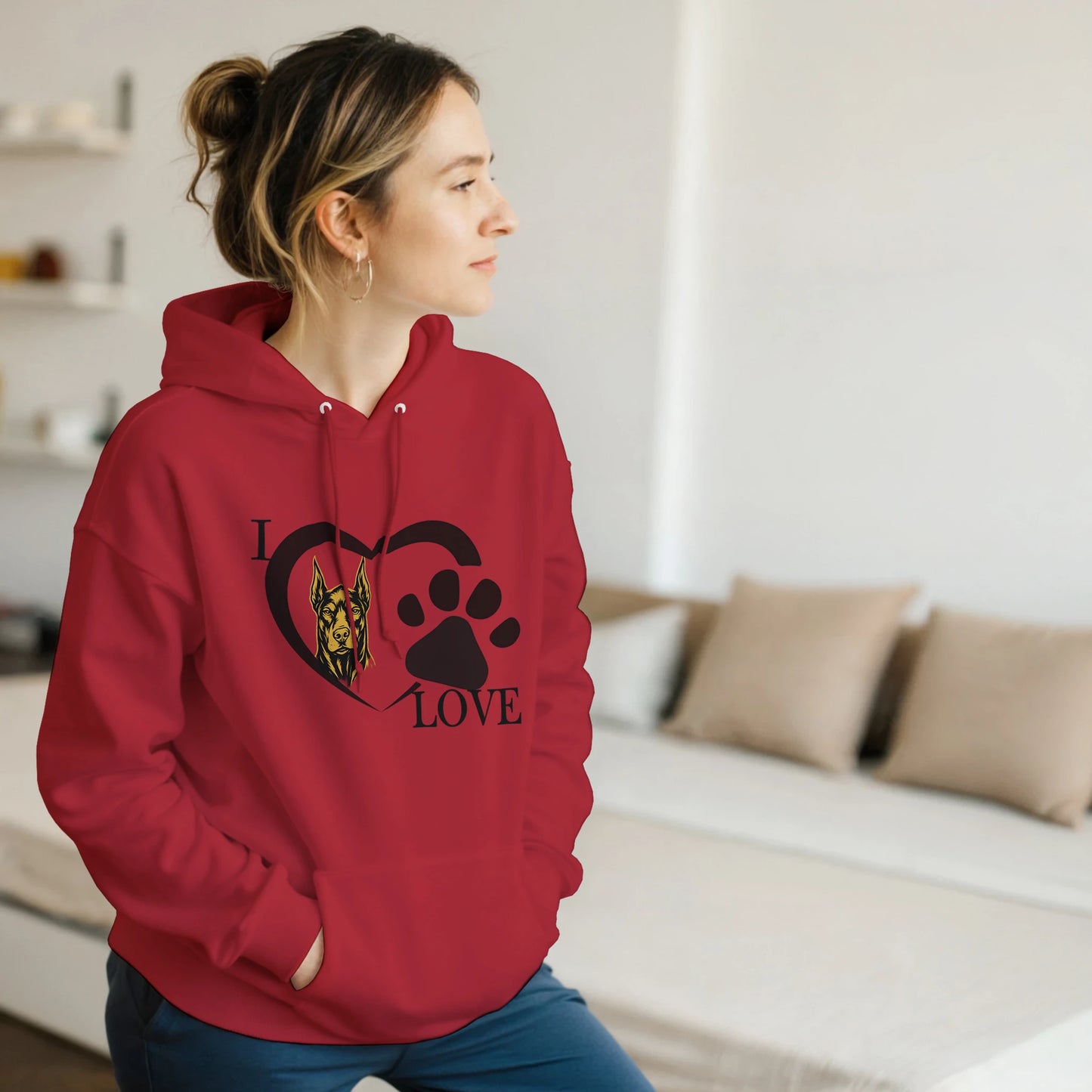 Sweat à capuche adulte unisexe classique rouge I love Dobermann
