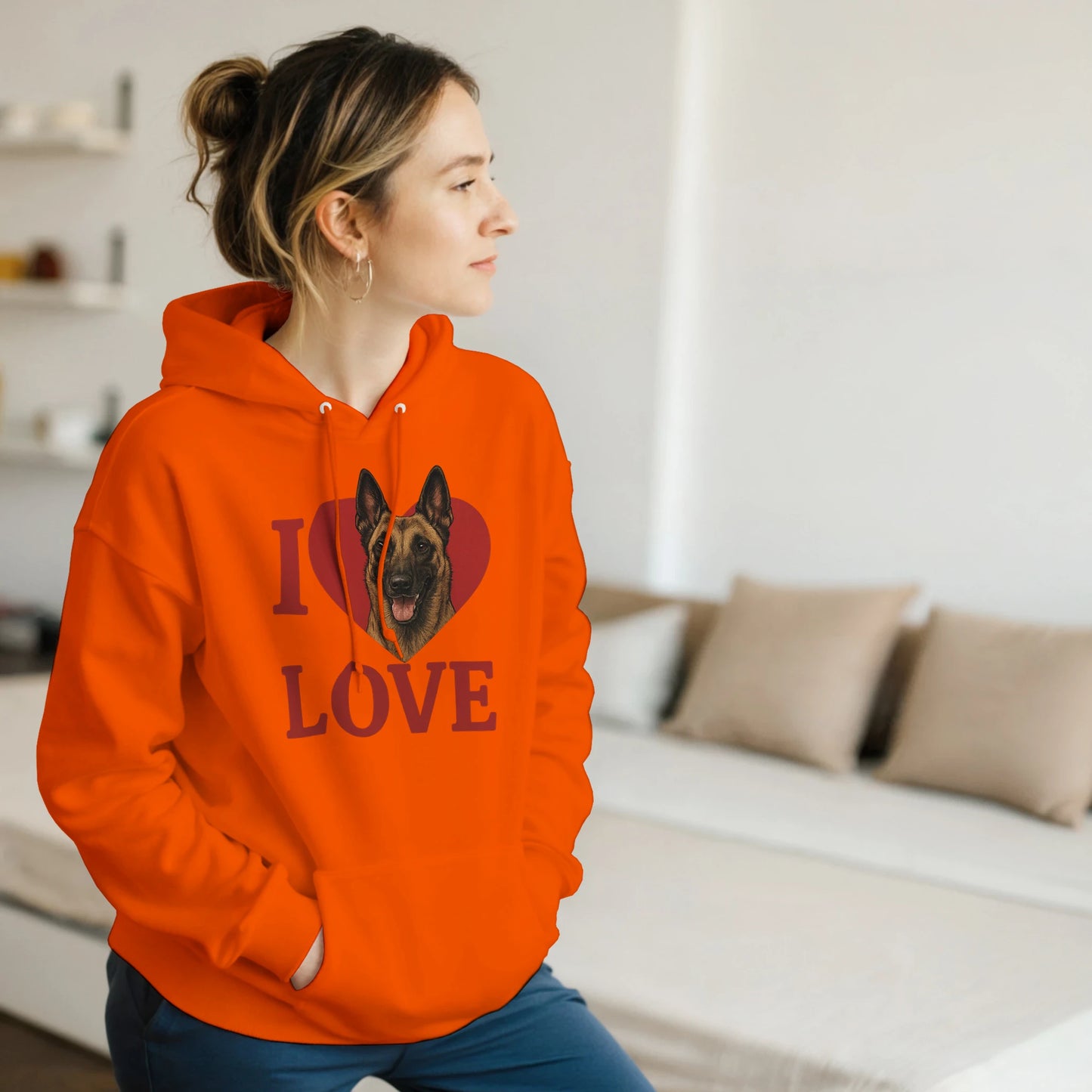 Sweat à capuche adulte unisexe classique orange I love Malinois