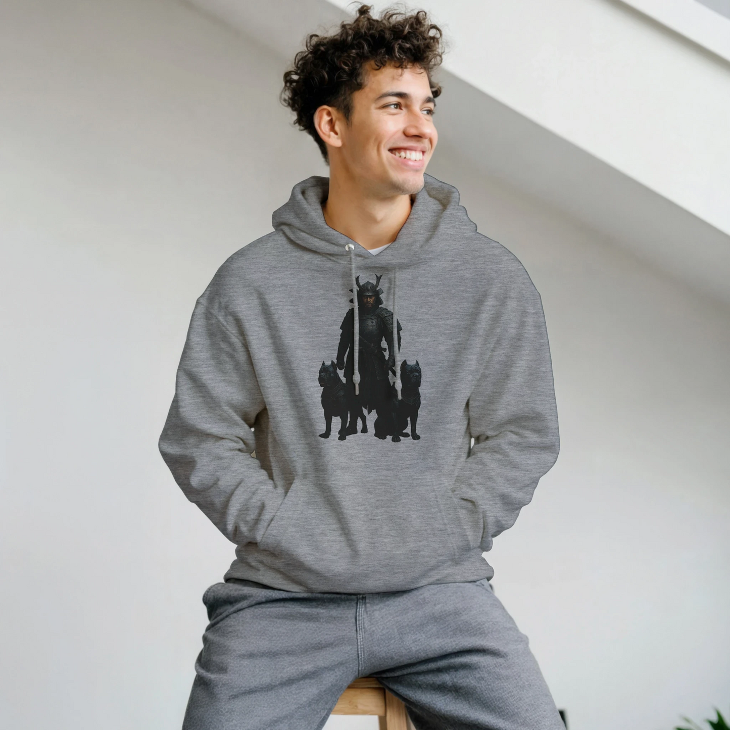 Sweat à capuche adulte unisexe classique gris Samourai+Cane Corso