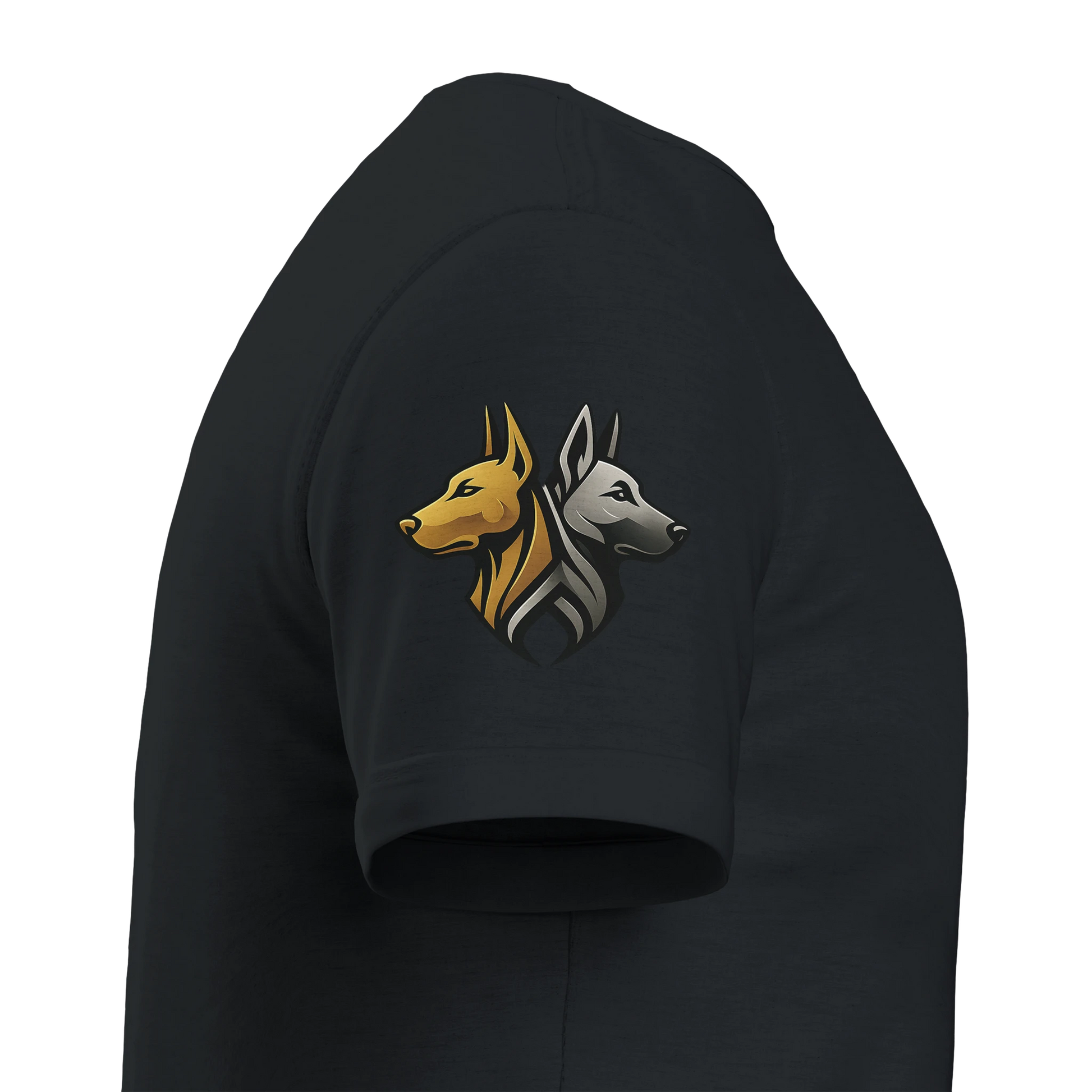 Marque MolossDesign | T-shirt unisexe épais ras du cou Dobermann doré assis1 avec logo sur manche droite MolossDesign