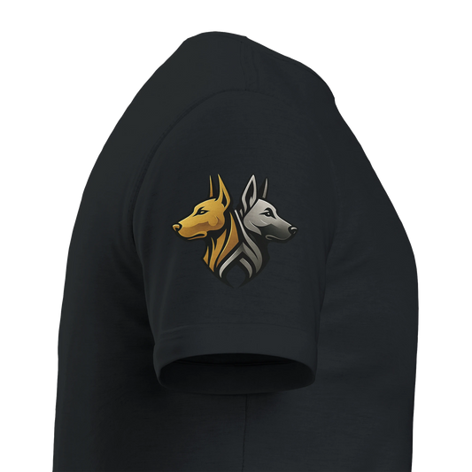 Marque MolossDesign | T-shirt unisexe épais ras du cou Dobermann doré assis1 avec logo sur manche droite MolossDesign