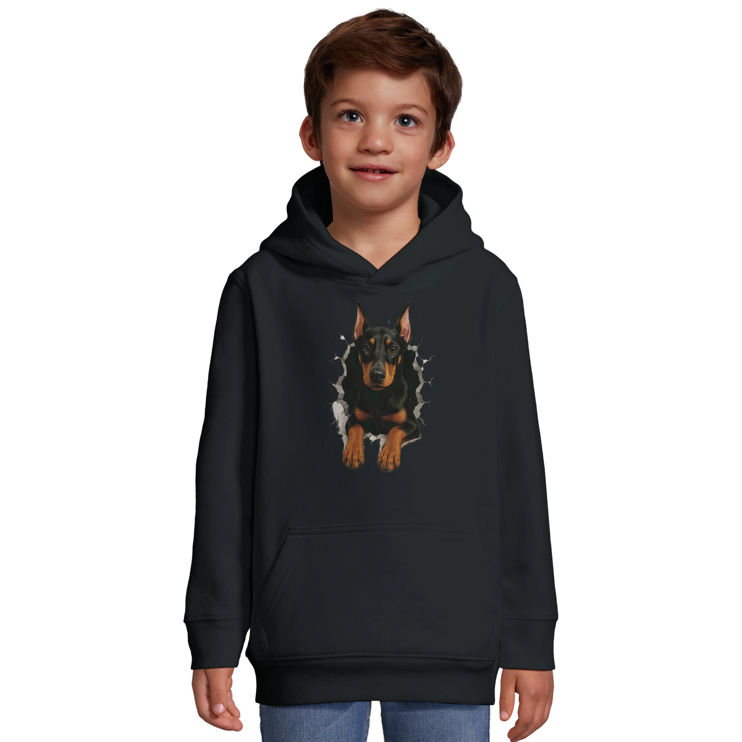 Sweat-shirt à capuche enfant noir-Dobermann trou mur