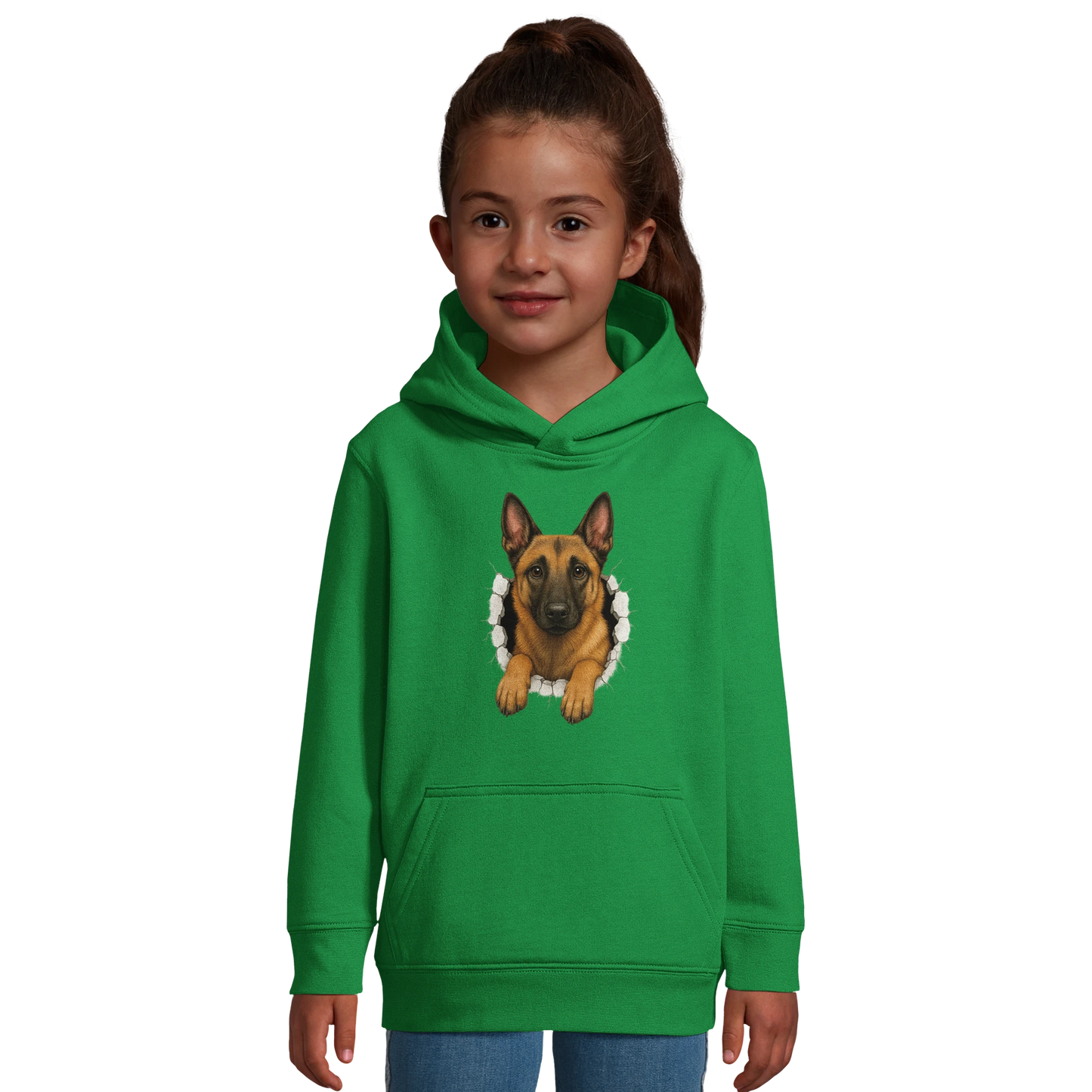 Sweat-shirt enfant à capuche vert Malinois trou mur