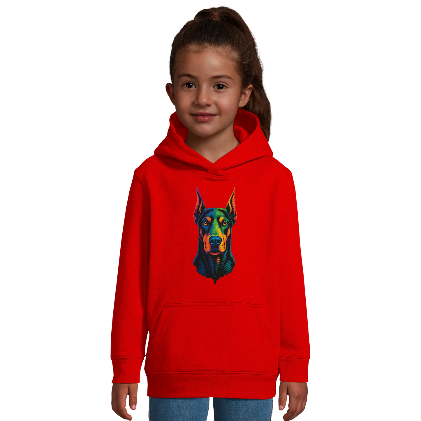 Sweat-shirt à capuche enfant rouge tête Dobermann arc en ciel