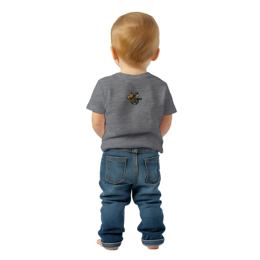 Marque MolossDesign | T-shirt bébé classique ras du cou tête Dobermann arc en ciel1 avec logo sur le dos MolossDesign