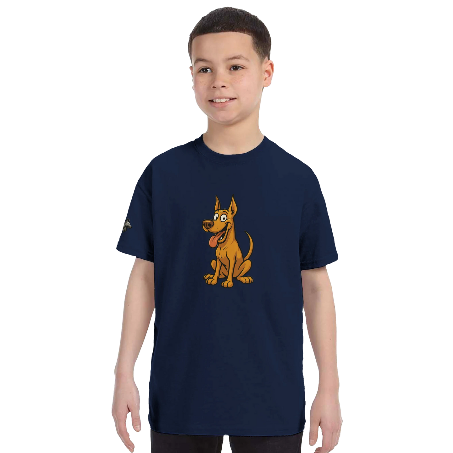 T-shirt enfant classique ras du cou Dobermann humour2 avec logo sur manche droite MolossDesign