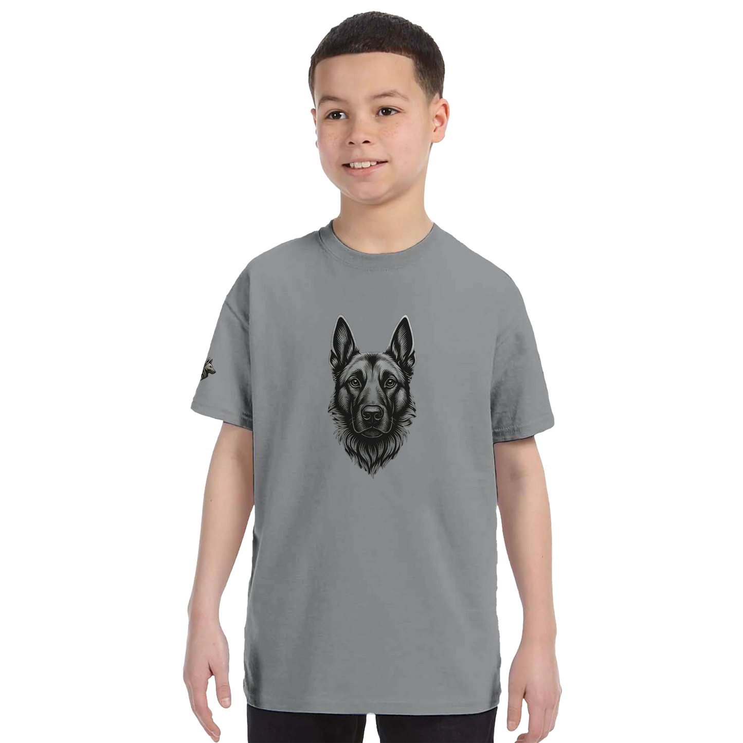 T-shirt enfant classique ras du cou tête Malinois argentée avec logo sur la manche droite MolossDesign