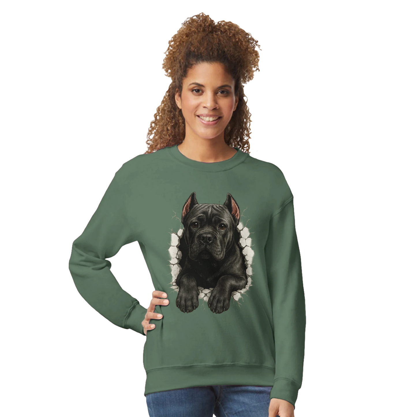 Sweat-shirt adulte unisexe classique ras du cou vert Cane Corso trou mur