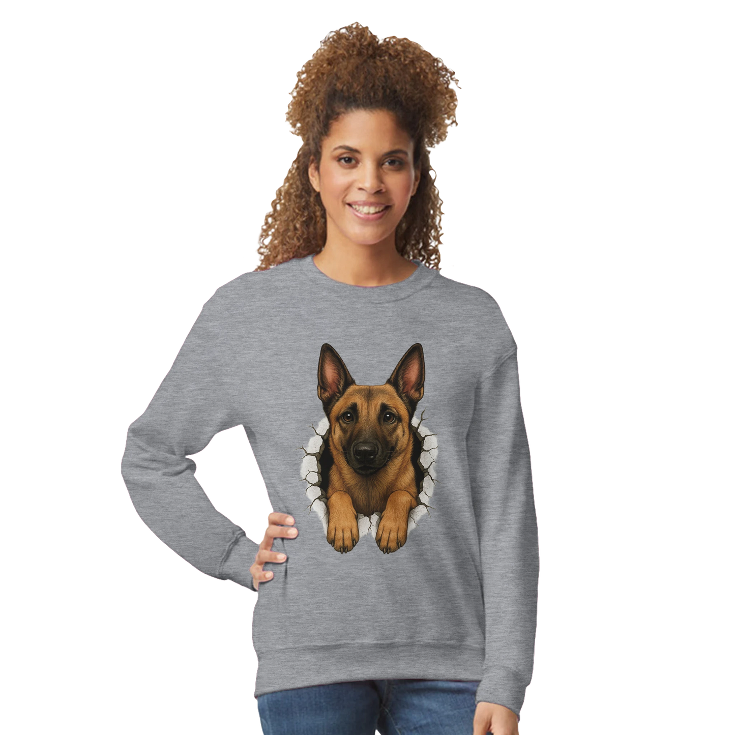 Sweat-shirt adulte unisexe classique ras du cou gris Malinois trou mur