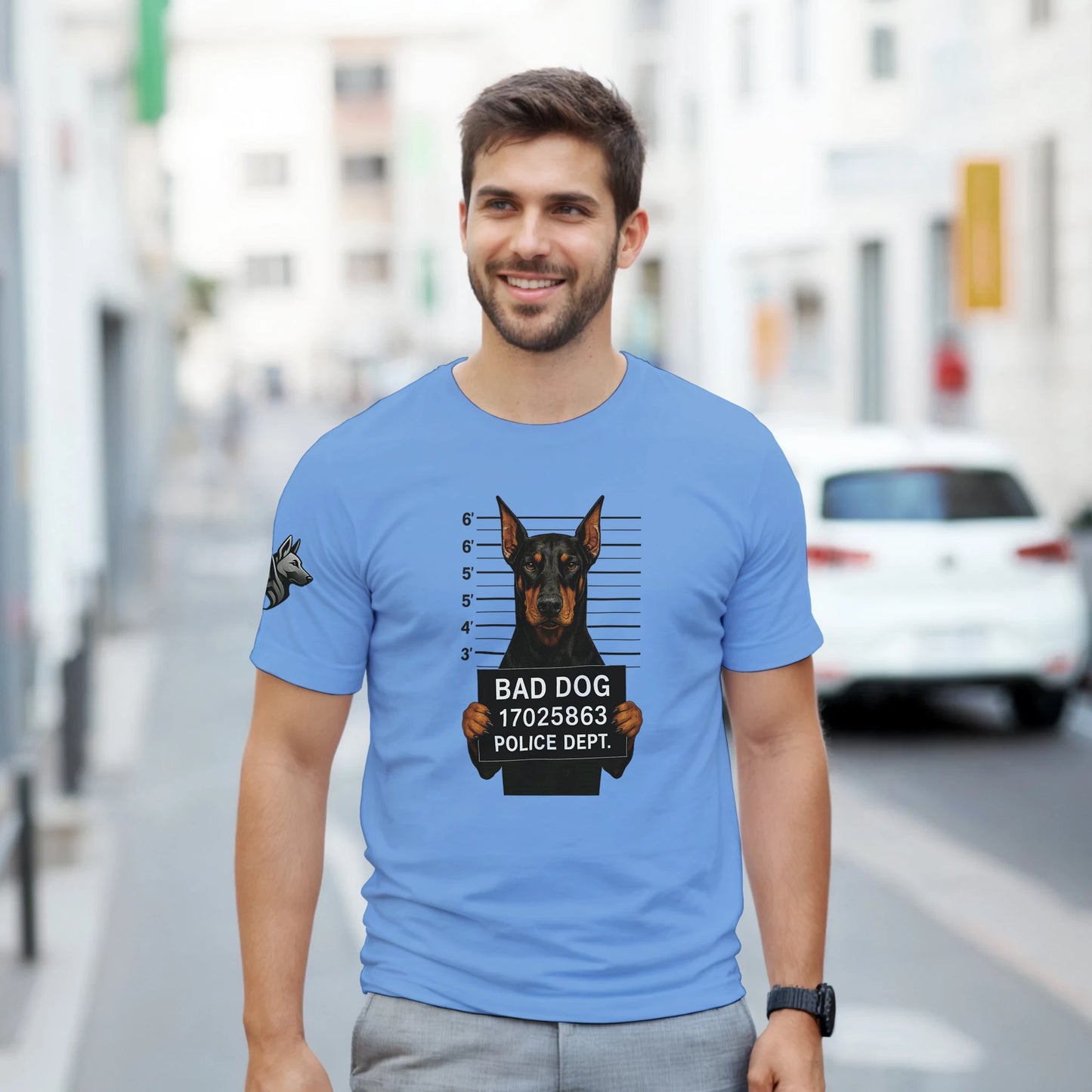 T-shirt adulte unisexe épais bleu ras du cou Bad dog Dobermann 