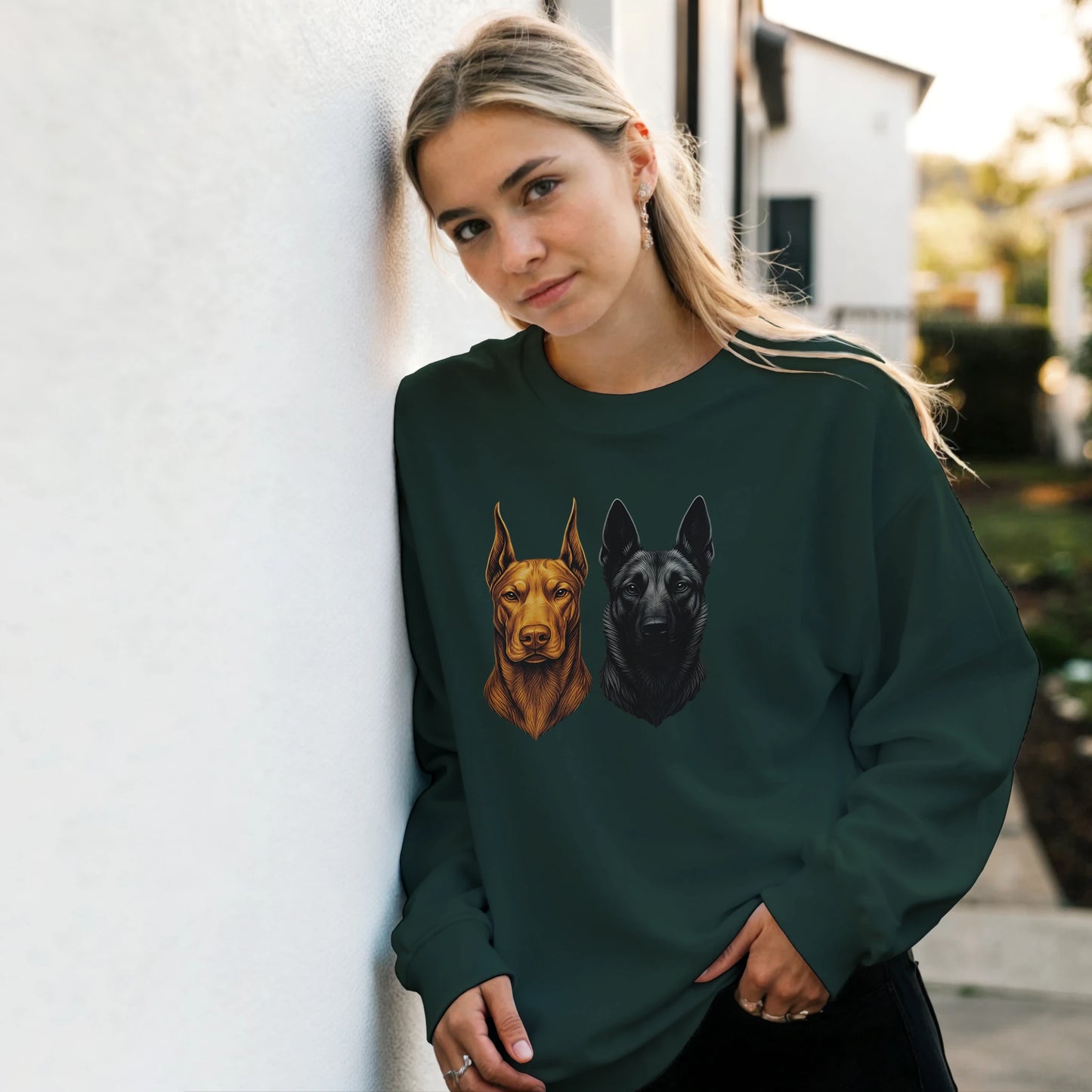 Sweat-shirt adulte unisexe classique ras du cou vert tête Dobermann+Malinois