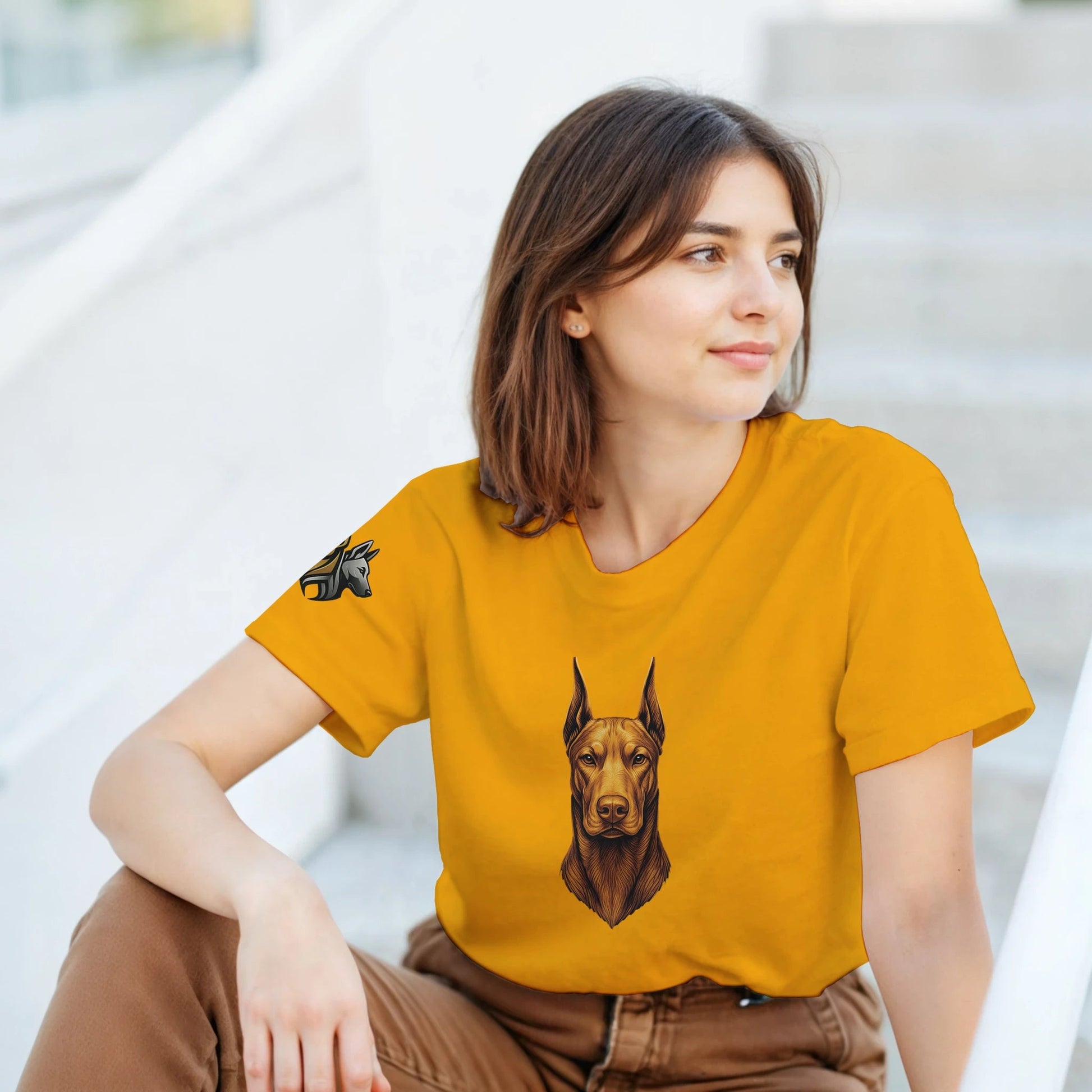T-shirt adulte unisexe épais ras du cou jaune tête face Dobermann dorée