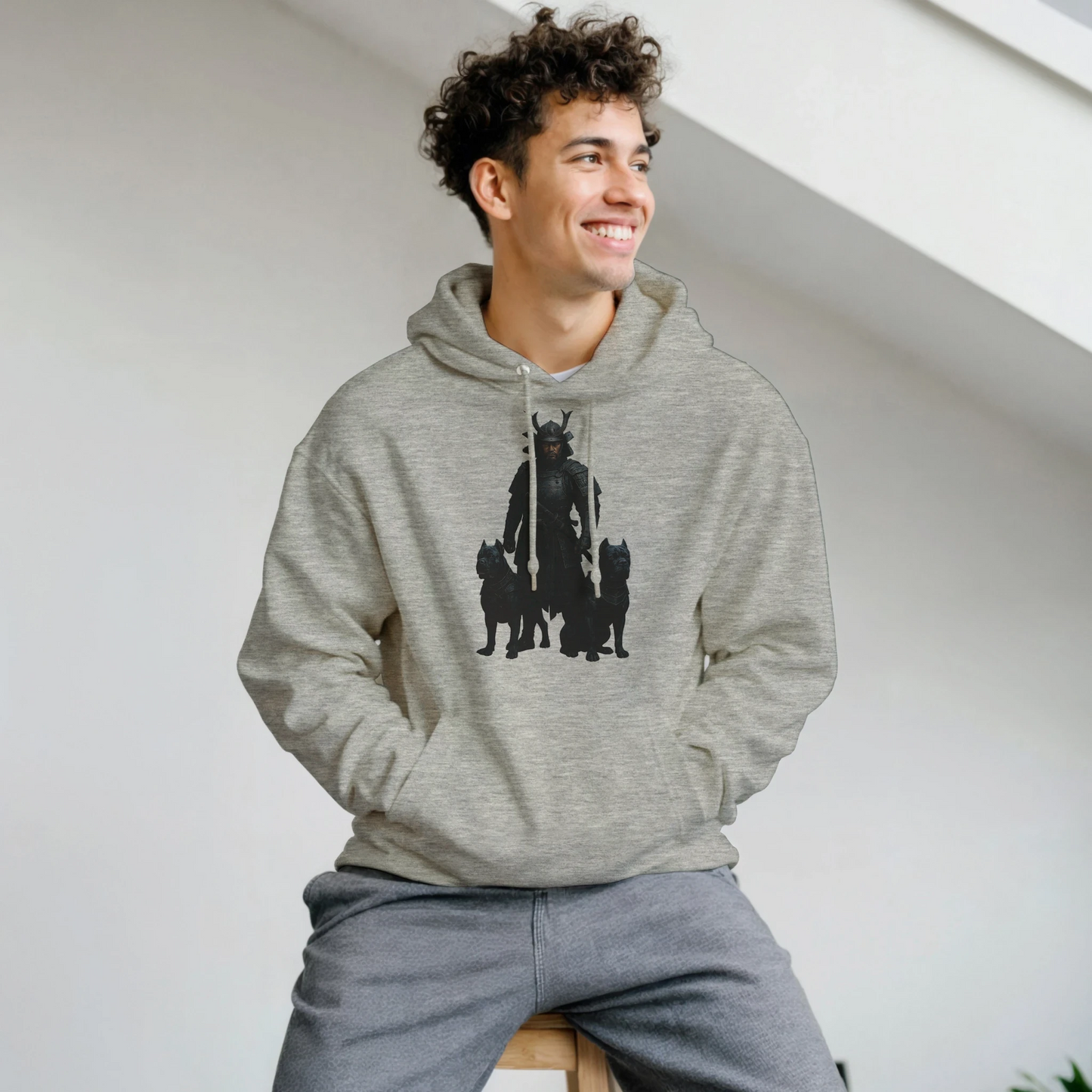 Sweat à capuche adulte unisexe classique gris Samourai+Cane Corso