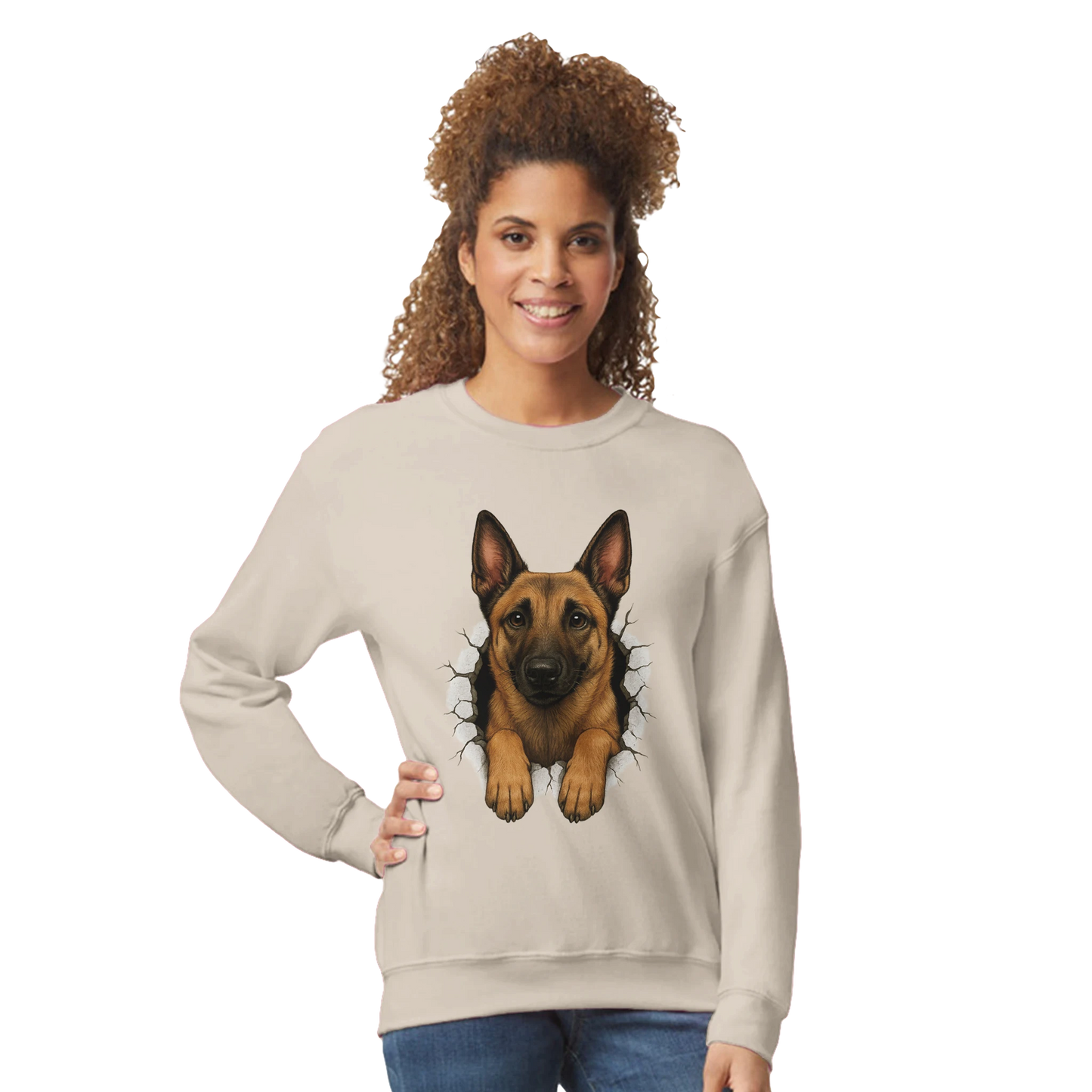 Sweat-shirt adulte unisexe classique ras du cou beige Malinois trou mur