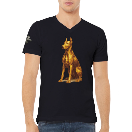 T-shirt unisexe premium col en V noir Dobermann doré assis