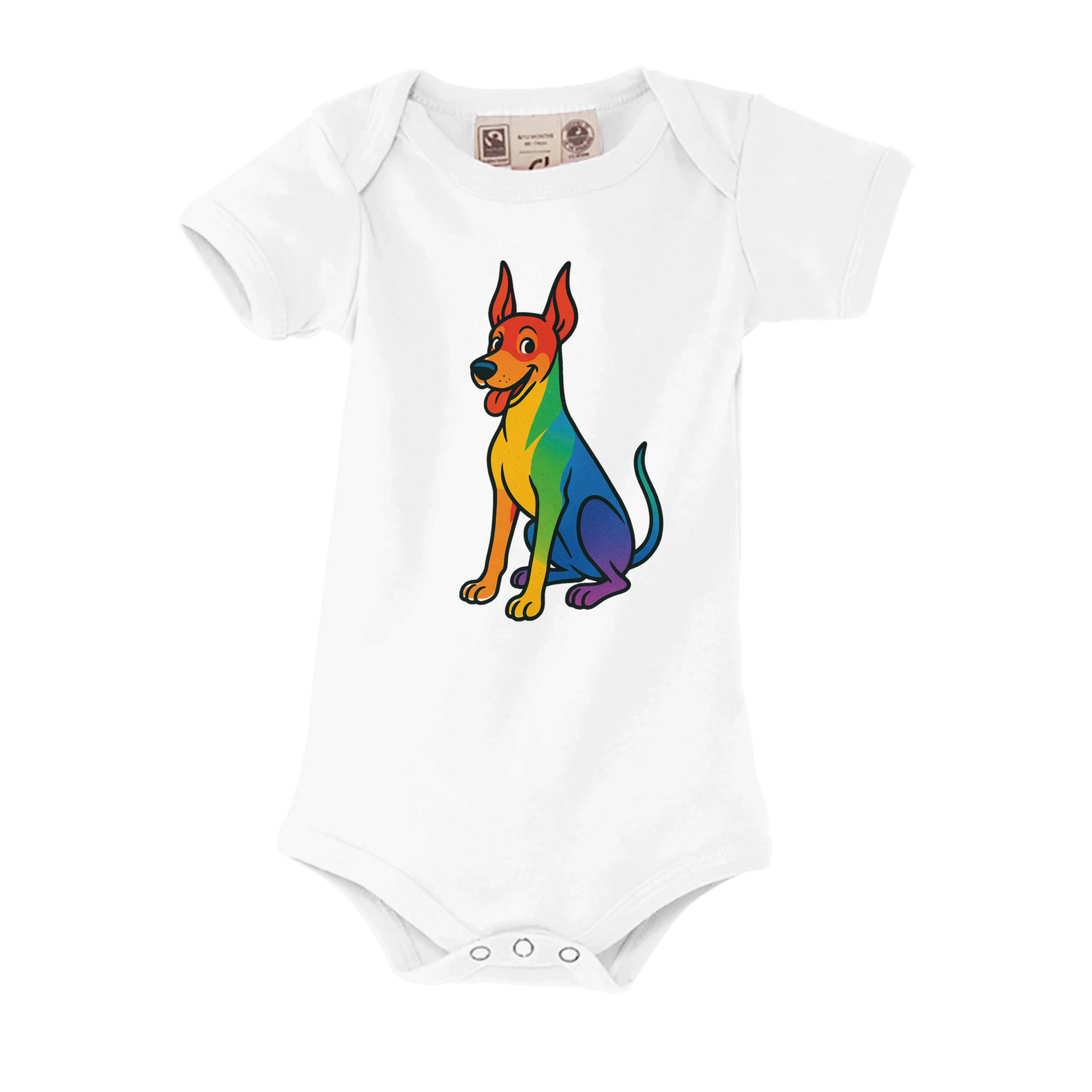 Body bébé blanc coton bio manches courtes Dobermann arc en ciel