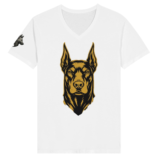 T-shirt adulte unisexe premium col en V blanc tête Dobermann noire/dorée