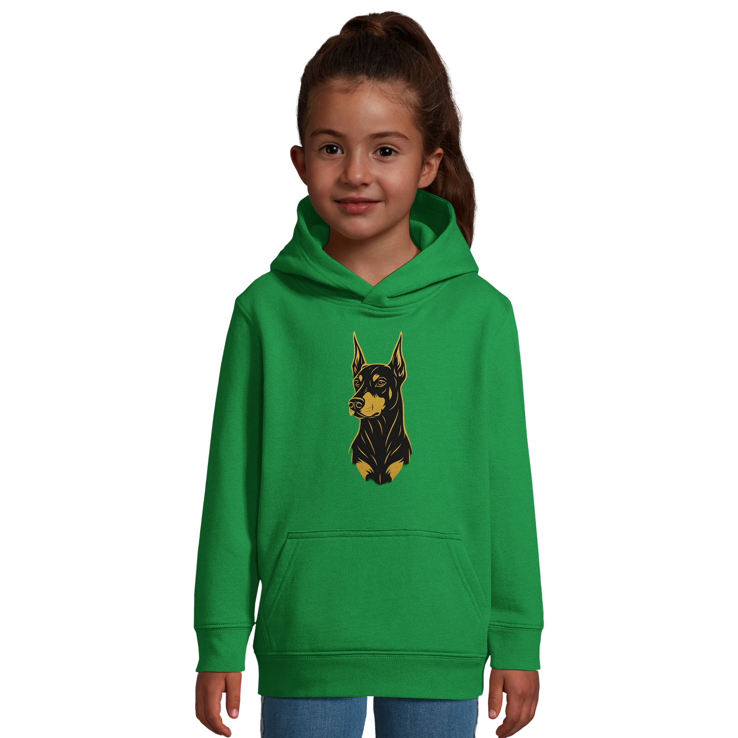 Sweat-shirt à capuche enfant vert tête Dobermann dorée et noire